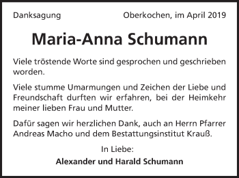Traueranzeige von Maria-Anna Schumann von Amtsblatt_Oko