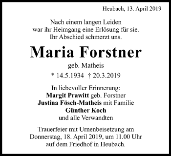 Traueranzeige von Maria Forstner von Gmünder Tagespost
