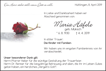 Traueranzeige von Maria Häfele von Schwäbische Post