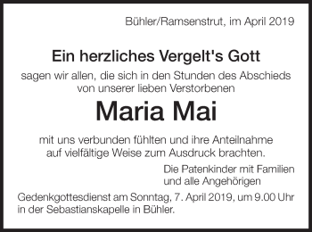 Traueranzeige von Maria Mai von Schwäbische Post