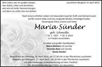 Traueranzeige von Maria Sünder von Schwäbische Post