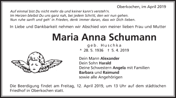 Traueranzeige von Maria Anna Schumann von Schwäbische Post