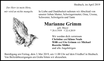 Traueranzeige von Marianne Grimm von Gmünder Tagespost