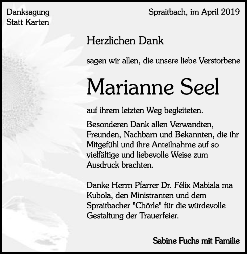  Traueranzeige für Marianne Seel vom 06.04.2019 aus Gmünder Tagespost