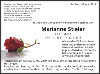 Traueranzeige von Marianne Stieler von Schwäbische Post
