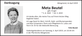 Traueranzeige von Meta Beutel von Kocher-Lein-Bote
