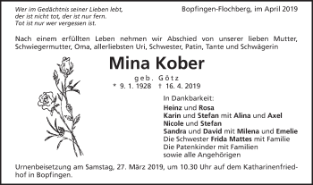 Traueranzeige von Mina Kober von Schwäbische Post