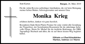 Traueranzeige von Monika Krieg von Gmünder Tagespost