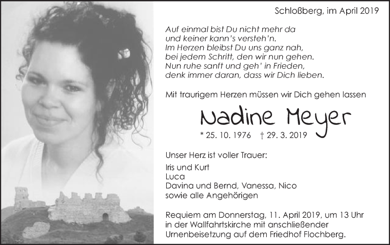  Traueranzeige für Nadine Meyer vom 06.04.2019 aus Schwäbische Post