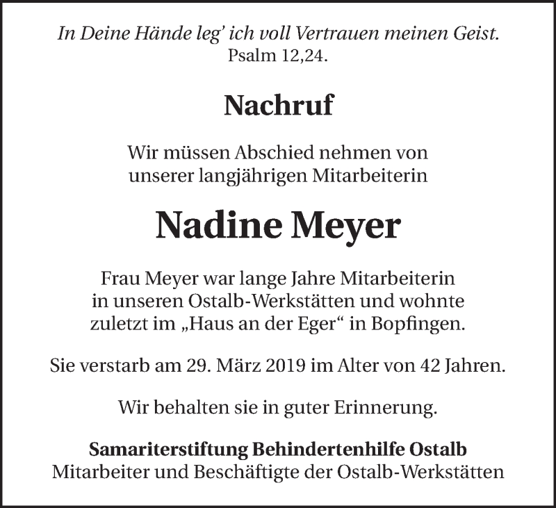  Traueranzeige für Nadine Meyer vom 04.04.2019 aus Schwäbische Post