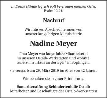 Traueranzeige von Nadine Meyer von Schwäbische Post