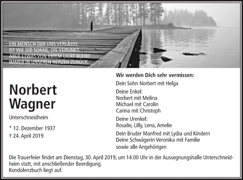  Traueranzeige für Norbert Wagner vom 27.04.2019 aus Schwäbische Post