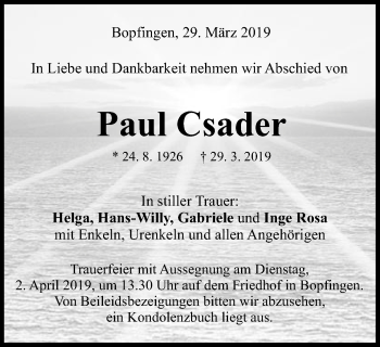 Traueranzeige von Paul Csader von Schwäbische Post