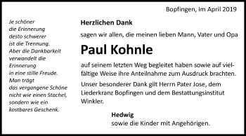 Traueranzeige von Paul Kohnle von Schwäbische Post