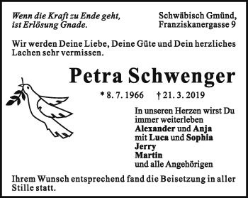 Traueranzeige von Petra Schwenger von Gmünder Tagespost