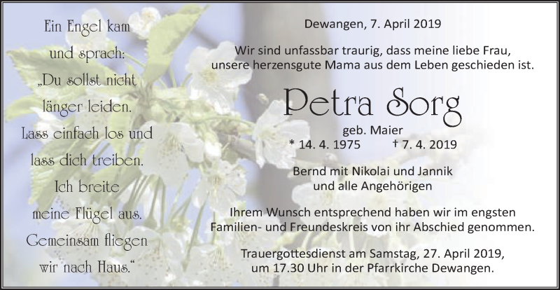  Traueranzeige für Petra Sorg vom 20.04.2019 aus Schwäbische Post