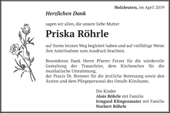 Traueranzeige von Priska Röhrle von Schwäbische Post