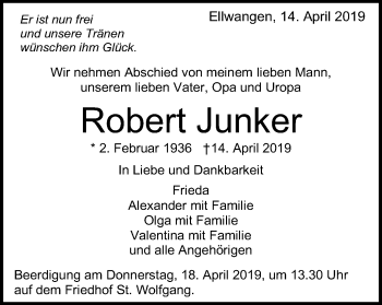 Traueranzeige von Robert Junker von Schwäbische Post