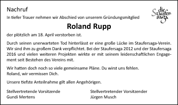 Traueranzeige von Roland Rupp von Gmünder Tagespost