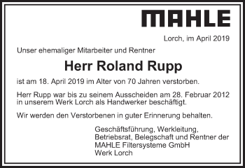 Traueranzeige von Roland Rupp von Gmünder Tagespost