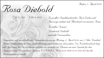 Traueranzeige von Rosa Diebold von Schwäbische Post