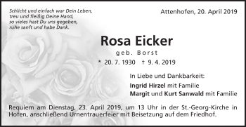 Traueranzeige von Rosa Eicker von Schwäbische Post