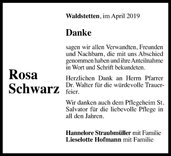 Traueranzeige von Rosa Schwarz von Gmünder Tagespost