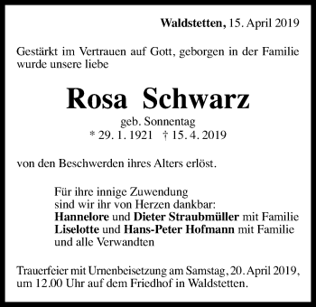 Traueranzeige von Rosa Schwarz von Gmünder Tagespost