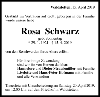 Traueranzeige von Rosa Schwarz