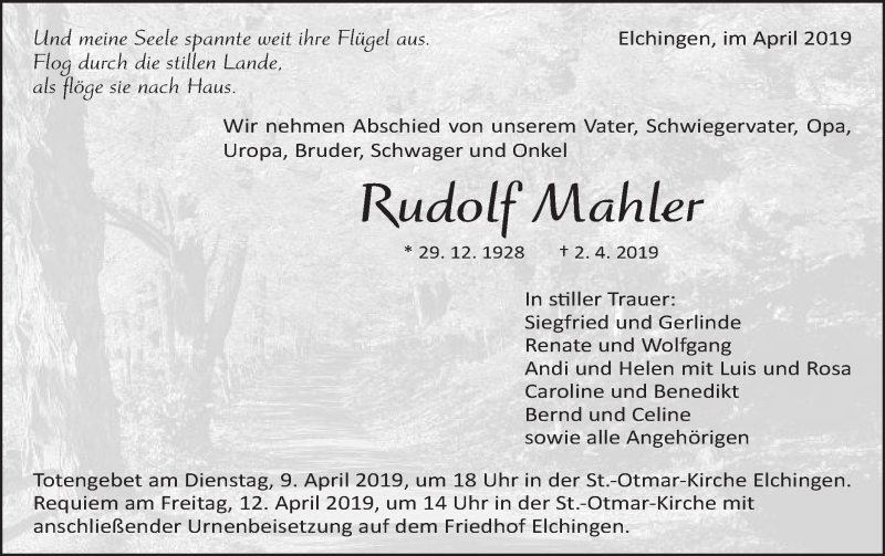  Traueranzeige für Rudolf Mahler vom 06.04.2019 aus Schwäbische Post