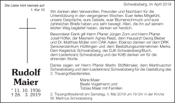 Traueranzeige von Rudolf Maier von Schwäbische Post