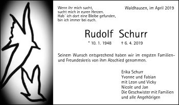 Traueranzeige von Rudolf Schurr
