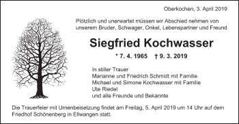Traueranzeige von Siegfried Kochwasser von Schwäbische Post