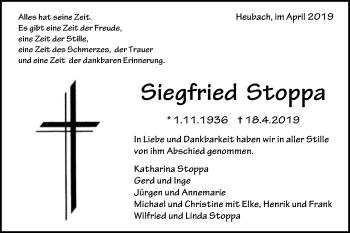 Traueranzeige von Siegfried Stoppa von Gmünder Tagespost