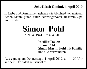 Traueranzeige von Simon Pohl von Gmünder Tagespost