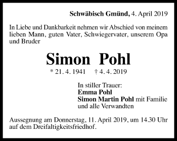 Traueranzeige von Simon Pohl