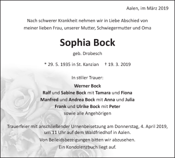 Traueranzeige von Sophia Bock von Schwäbische Post
