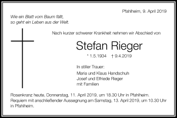 Traueranzeige von Stefan Rieger von Schwäbische Post