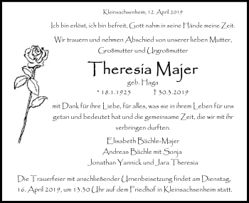Traueranzeige von Theresia Majer von Schwäbische Post