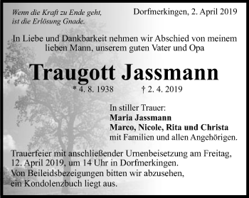 Traueranzeige von Traugott Jassmann von Schwäbische Post
