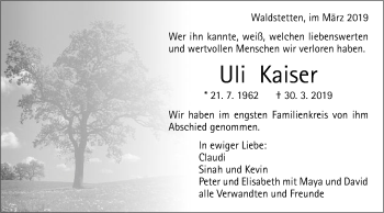 Traueranzeige von Uli Kaiser von Gmünder Tagespost