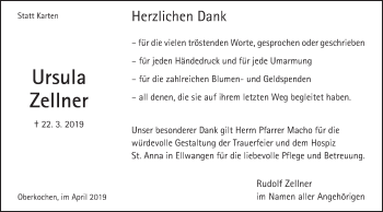 Traueranzeige von Ursula Zellner von Schwäbische Post