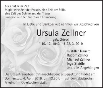 Traueranzeige von Ursula Zellner von Schwäbische Post
