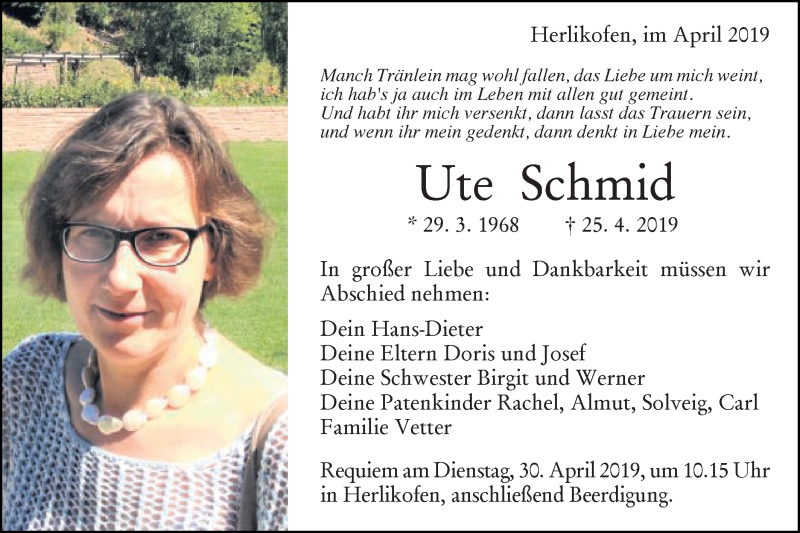  Traueranzeige für Ute Schmid vom 27.04.2019 aus Gmünder Tagespost