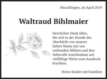 Traueranzeige von Waltraud Bihlmaier von Gmünder Tagespost