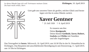 Traueranzeige von Xaver Gentner von Schwäbische Post