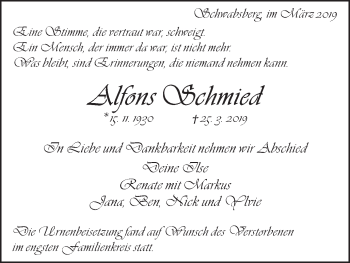 Traueranzeige von Alfons Schmied von Schwäbische Post