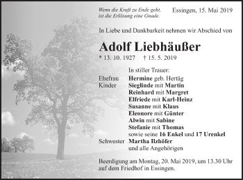 Traueranzeige von Adolf Liebhäußer von Schwäbische Post