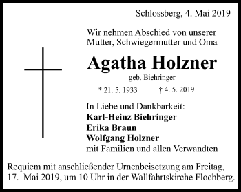 Traueranzeige von Agatha Holzner von Schwäbische Post