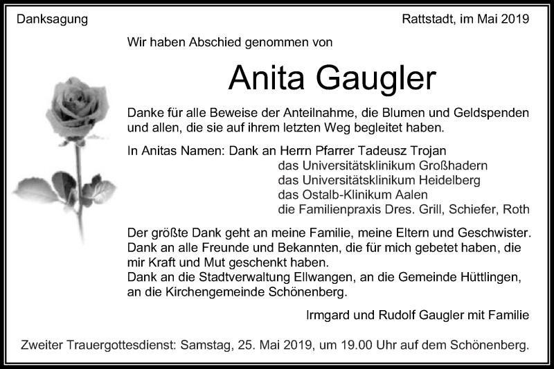  Traueranzeige für Anita Gaugler vom 23.05.2019 aus Schwäbische Post